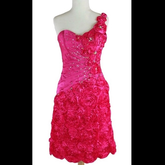 Size 10 Hot Pink Tony Bowls One Shoulder Floral Cocktail Dress (fits like an 8) - Picture 2 of 13